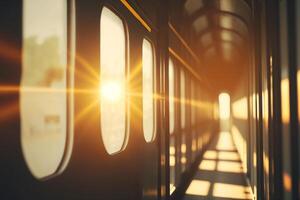 sunny morning outside the window in the train corridor, trips and travel concept illustration photo