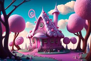 pink magic cartoon house in the forest illustration photo