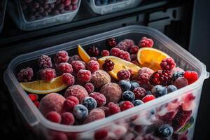 caja de congelado bayas y frutas generativo ai foto