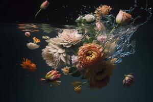 flowers under water, flower splashes in dark illustration photo