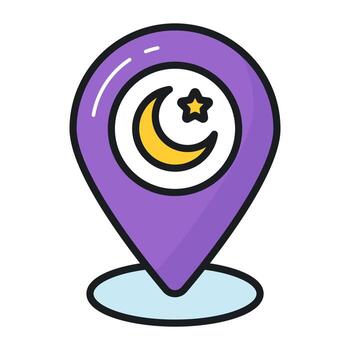 Crescent moon and star with location pin, vector design of map pin