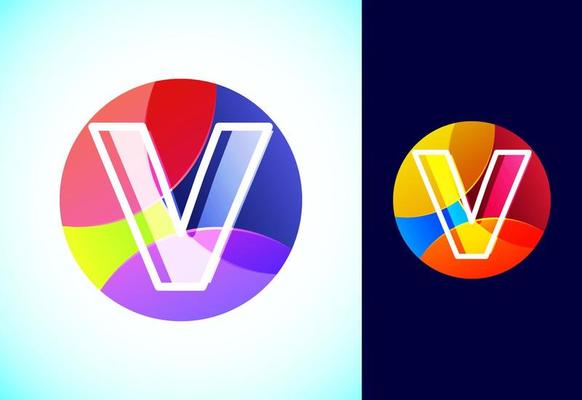 Line letter V on a colorful circle. Graphic alphabet symbol for business or company identity.