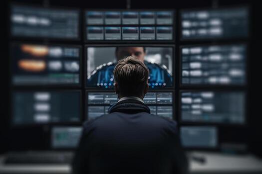 man video maker editor works behind many monitors illustration photo