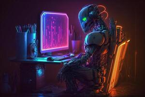 neon cyber robot working computer workplace illustration photo