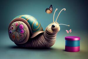 hermosa fantasía caracol con mariposas y mucina crema ilustración generativo ai foto