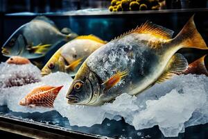 congelado mar pescado en el hielo mostrador ilustración generativo ai foto