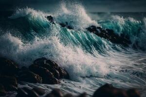 frash ocean waves crash on rocks photo