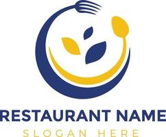 The abstract logo of a cafe or restaurant with a circle design is combined with a spoon and fork. Illustration of minimalist and elegant logo and icon vector with a simple outline with leaf.