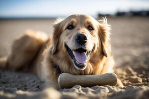 perro mascota Labrador en el costa descansando en el arenoso playa después un caminar generativo ai foto