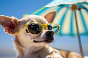 beach holiday with funny pet, chihuahua dog at the resort photo