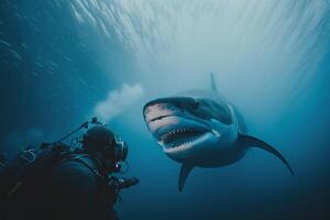 submarino buzo fotografiando un genial blanco tiburón generativo ai foto