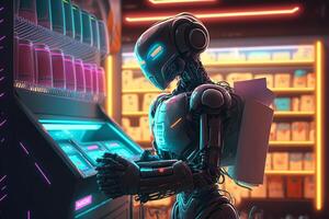 futuristic robot in the shop market makes purchases cyber style illustration photo