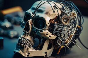 human skull with mechanical mechanism illustration photo