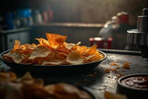 un plato de patata papas fritas, frito crujiente ilustración generativo ai foto