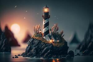 an island with a lighthouse in the sea to illuminate ships photo