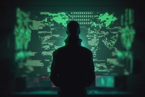 hacker silhouette in front of monitors hacks servers illustration photo