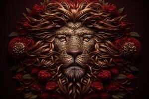 luxury red gold lion face mask on dark background photo