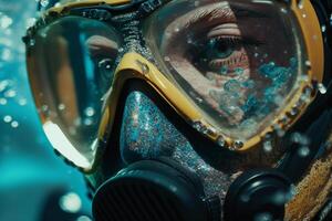 man face under water in waterproof goggles photo