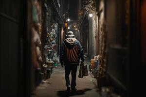 a drunk man walks through a dark night alley photo