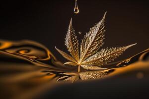 medical cbd golden oil drop on cannabis leaf illustration photo