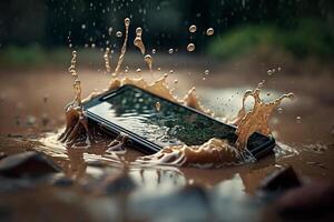phone fell into a puddle of splashing water photo