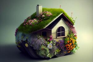 green eco house with plants illustration . photo