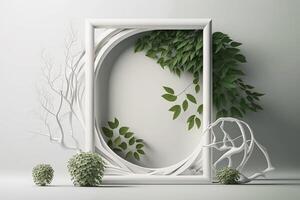 empty vertical frame mockup with green leaves on white wall background photo