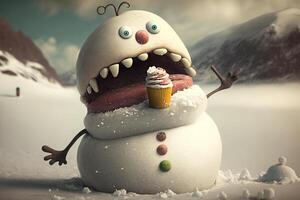 funny snowman eating ice creamillustration photo