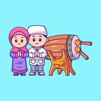 Cute girl and boy moslem celebrating eid mubarak with bedug drum cartoon vector icon illustration