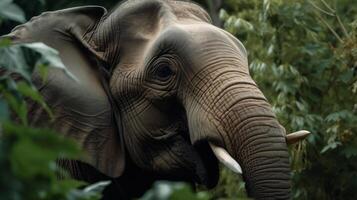 elephant animal peeking out of the jungle leaves photo