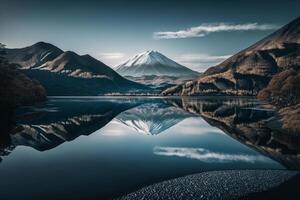 clear mirror lake and snowy mountain landscape photo