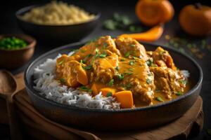 creamy and spicy chicken curry with cheese sauce photo