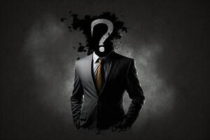 a man in a black suit with a question mark instead of a head, businessman search answer photo