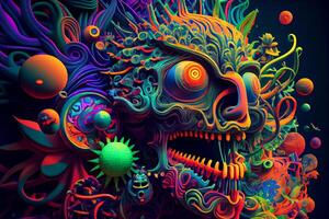 psychedelic colorful lsd trip skull with hippy patterns and coral relief illustration photo