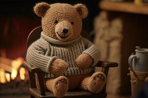 teddy bear in a chair by the fireplace photo