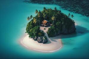 small sandy island with palm trees in the middle of the ocean with clear water illustration photo