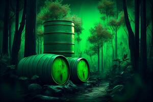 green barrels with toxic radioactive waste in forest, illustration photo