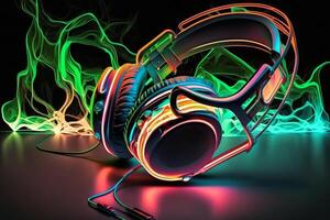 headphones in neon jets of energy illustration photo