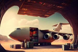 avión carga transporte por avión, descarga contenedores de cajas a el aeropuerto ilustración generativo ai foto