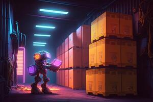 robot in warehouse with boxes and containers looking for a parcel illustration photo