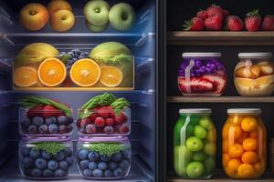 almacenamiento de frutas, baya y Enjambres en el refrigerador generativo ai foto