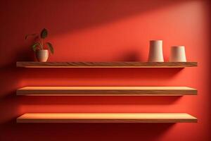 red wall wooden shelf photo