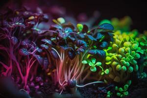 microgreens planta debajo fito LED luzmacro generativo ai foto