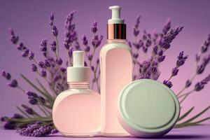 violet lavender flower scented shampoo and gel pink bottles illustration photo