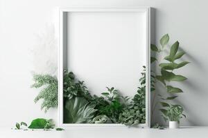 empty vertical frame mockup with green leaves on white wall background photo