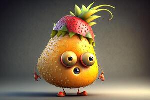 resumen personaje naranja Fruta con un fresa sombrero en su cabeza ilustración generativo ai foto