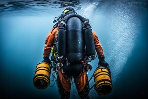 rescue diver with oxygen balloon under the water,search for drowned people illustration photo