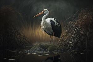 lonely stork bird in the swamp photo