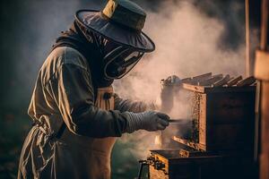 el apicultor fumiga el colmena con fumar, unidades fuera el abejas a recoger miel generativo ai foto