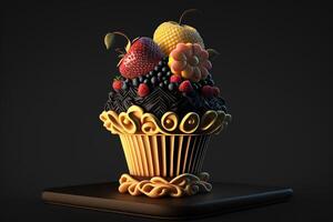 berry muffin cupcake on a podium on dark background illustration photo
